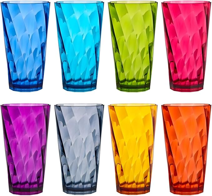 US Acrylic Optix Plastic Reusable Drinking Glasses (Set of 8) 20oz Water Cups in Jewel Tone Colors | BPA-Free Tumblers, Ma...