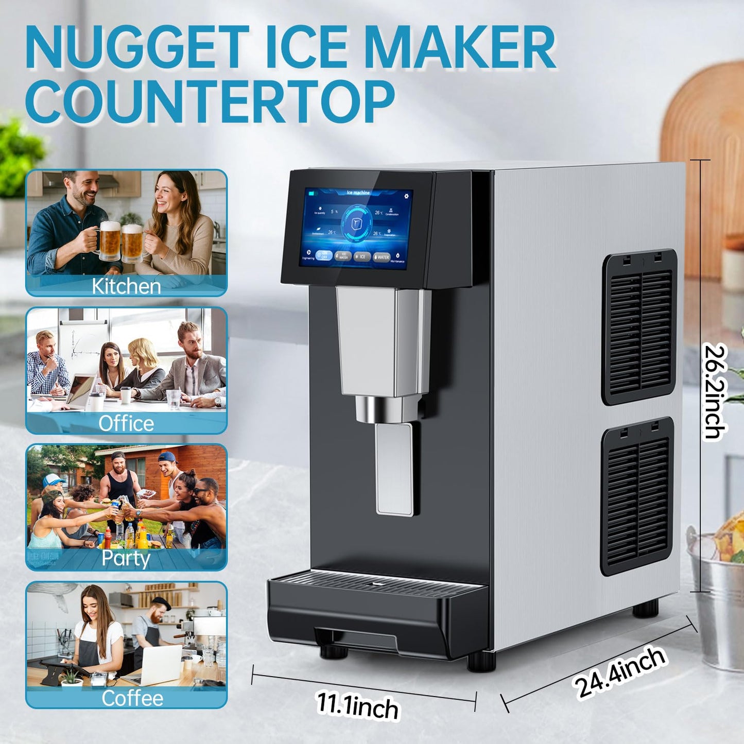 Commercial Nugget Ice Maker Machine, 100Lbs/24H Pellet Chewable Ice, 3-IN-1 Nugget Ice Maker with Ice & Water Dispenser, Self-Cleaning Countertop Stainless Steel Ice Machine for Business, Office,Party