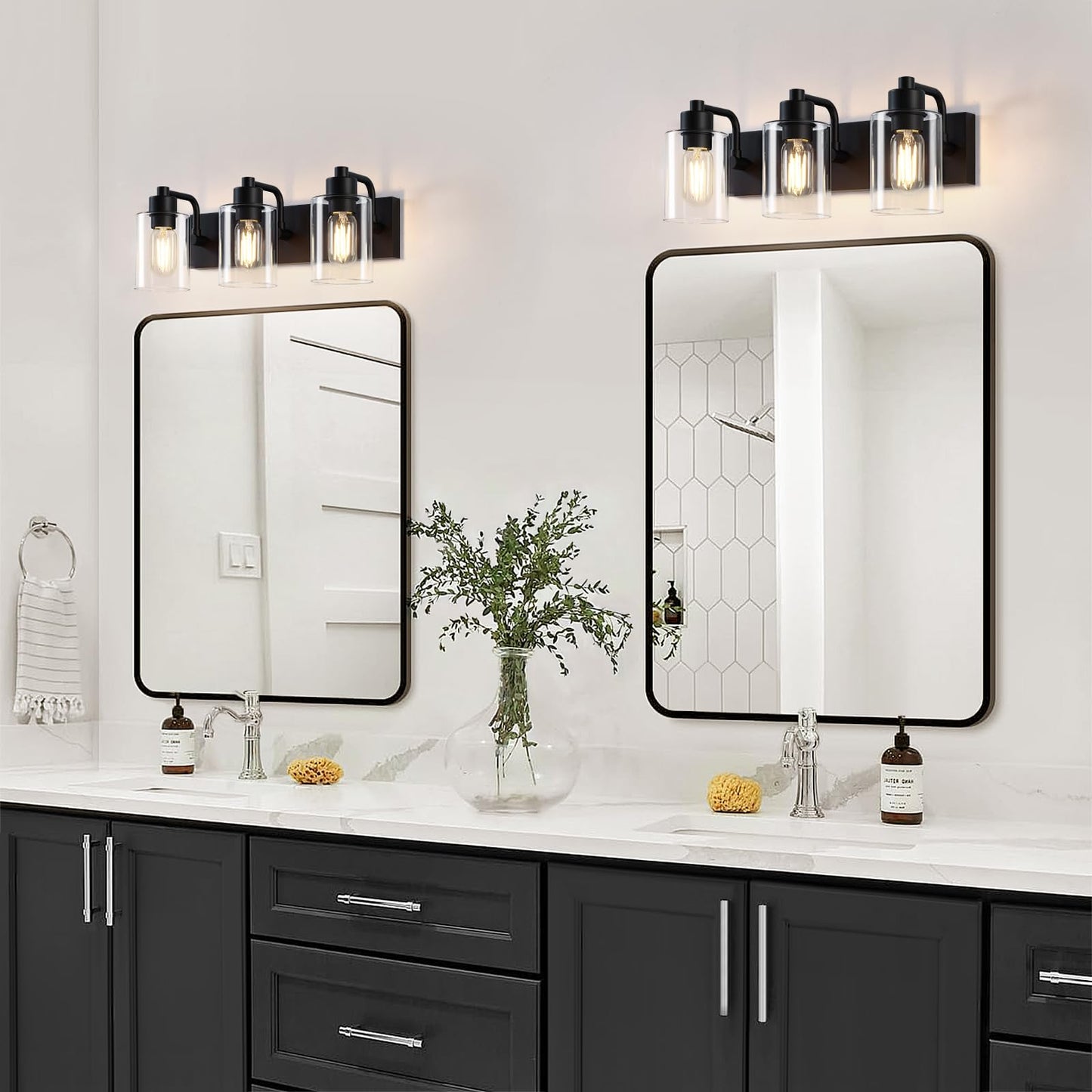 Dpyrrhic Bathroom Light Fixtures,Matte Black 3-Light Bathroom Lights Over Mirror with Clear Glass Shade,Wall Sconces for Kitchen Living Room Bedroom