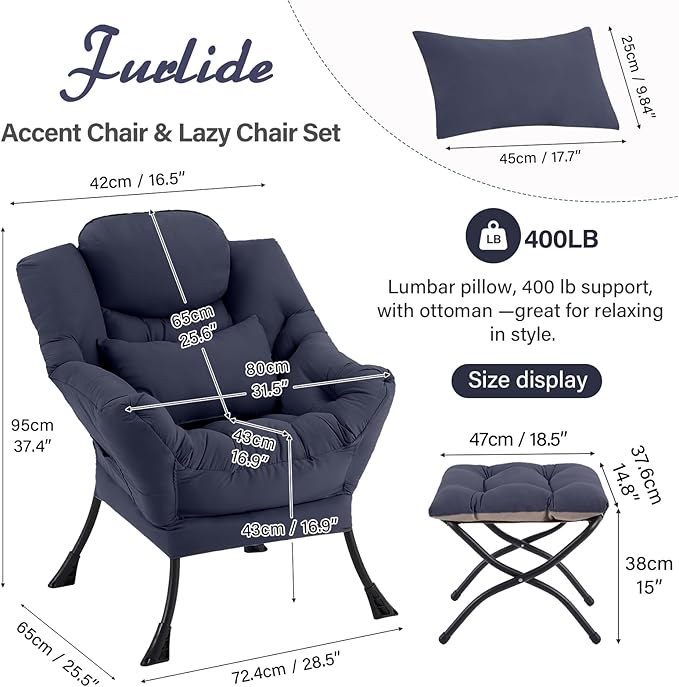 Furlide Lazy Chair with Ottoman, Modern Lounge Chair with Lumbar Pillow, Accent Cozy Reading Armchair and Folding Footstool for Bedroom, Dorm, Living Room,Navy
