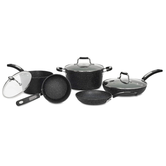 Starfrit The Rock Terra Ceramic Non-Stick Cookware Set, 8-Piece, Chemical-Free, Oven and Dishwasher Safe, with Saucepans, Stockpot, and Fry Pans, Black Marble