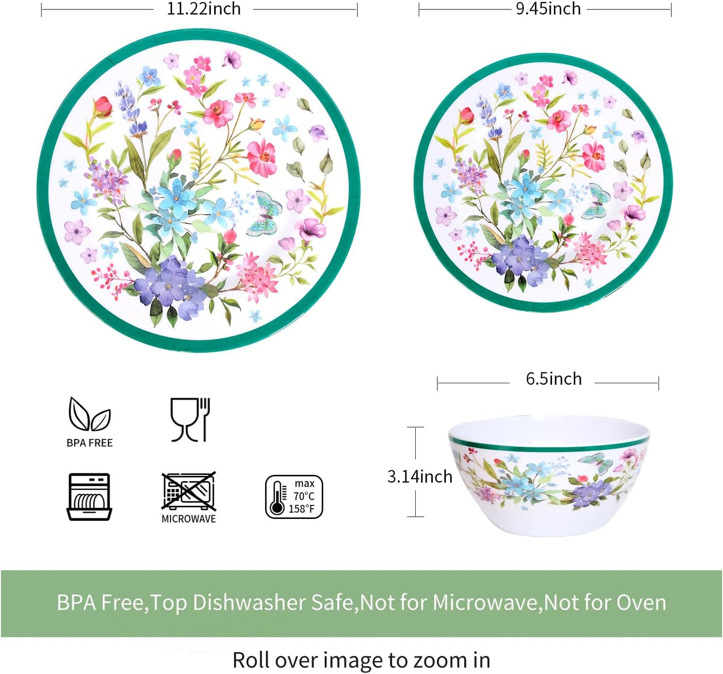 Melamine Dinnerware Set 12-Piece for 4 Dish Set Plates Bowls Unbreakable Dishware for Indoor Outdoor Use Lightweight Durable for Camping Picnics Parties Green