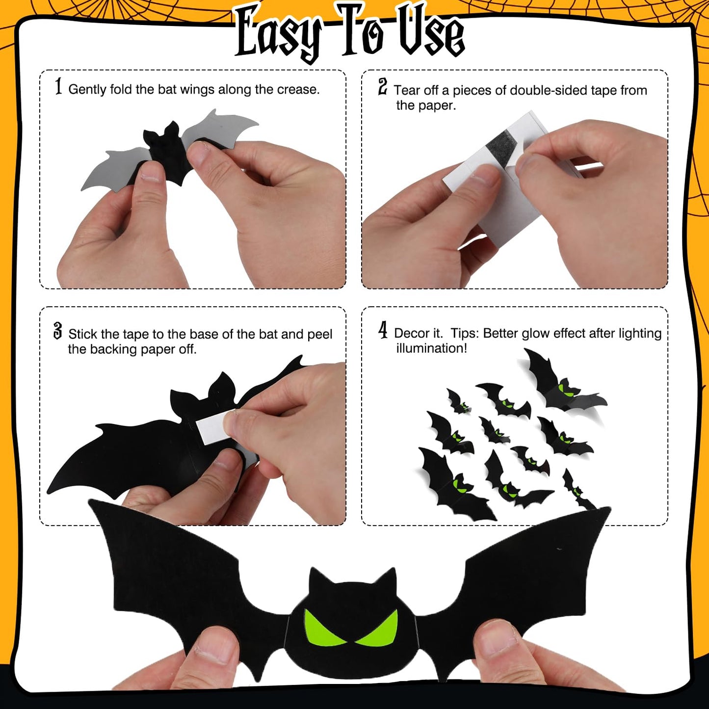 DIYASY 144 Pcs Bats Wall Decor, Glow in The Dark Bats 3D Bat Cutouts Halloween Decorations Light Up Eyes Paper Bat Stickers Black Plastic Sticky Decals for Home Indoor Outdoor décor Outside