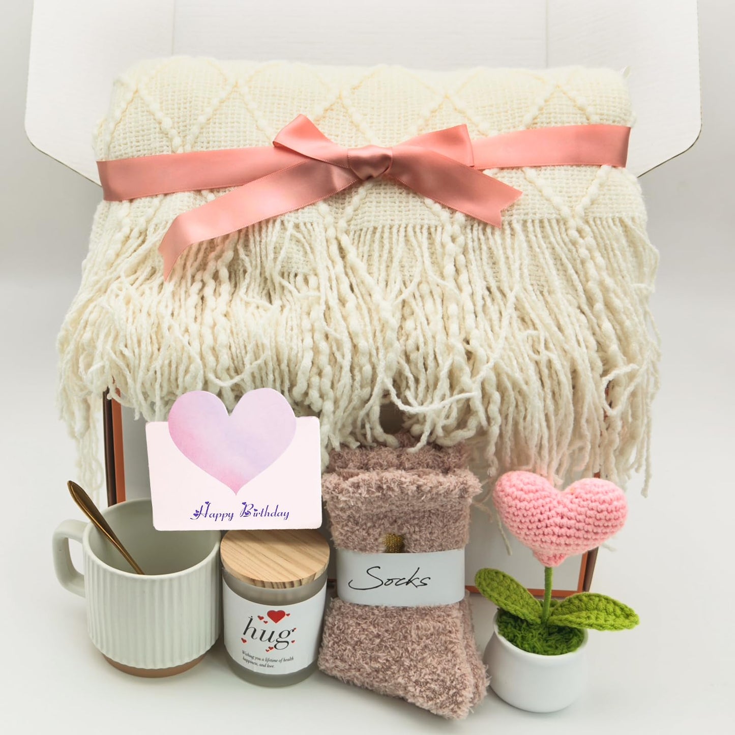 wangpengkai Birthday Gift Box for Women, 8 Pcs Get Well Soon Gifts Basket After Surgery, Sympathy Self Mother's Day Care Package, Cozy Off White Hug Blankets Gift for Sick Friends-Pink