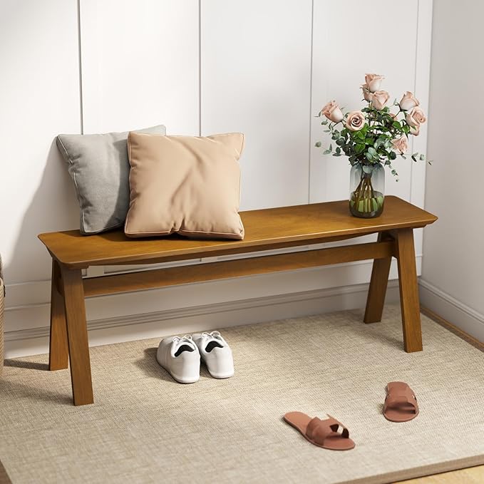 DUOMAY Solid Wood Long Dining Bench, 47" Wide Farmhouse Bench with A-Shaped Legs Mid Century Modern Entryway Bench Shoe Bench for Hallway End of Bed, Walnut Color