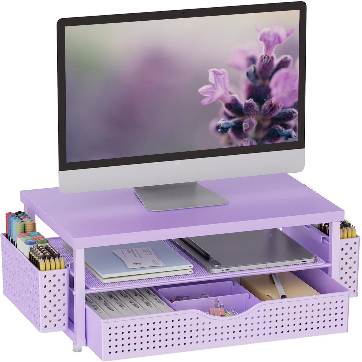 Gianotter Wood Monitor Stand Riser, Desk Organizer With Drawer And 2 Pen Holders, 2-Tier Workspace Organizer For Office Supplies