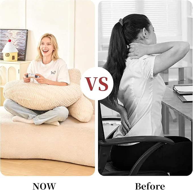 PAJEO Back Pillow for Bed Sitting Up,U Shaped & Back Support Pillow for Bed,17" Backrest with Lumbar & Arm Support,Comfy Corduroy Fabric,Lap Pillow for Gaming/Reading/Watching TV,White