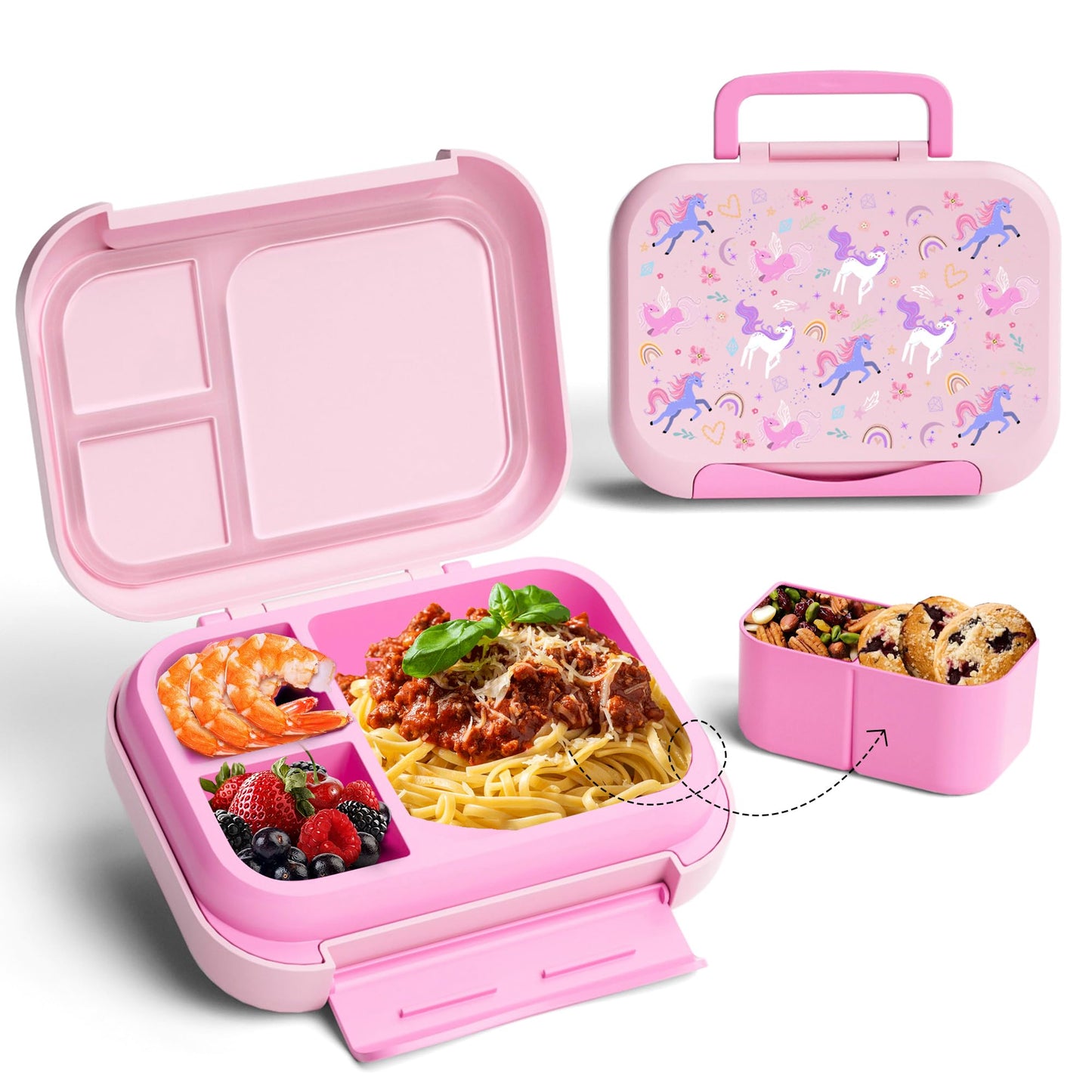 Kids Bento Lunch Box, 5-Compartment Leakproof Container with handle Movable Snack Box BPA-Free, Dishwasher & Microwave Safe Utensils Included for Kids/Adults | School, Office & Travel | Pink