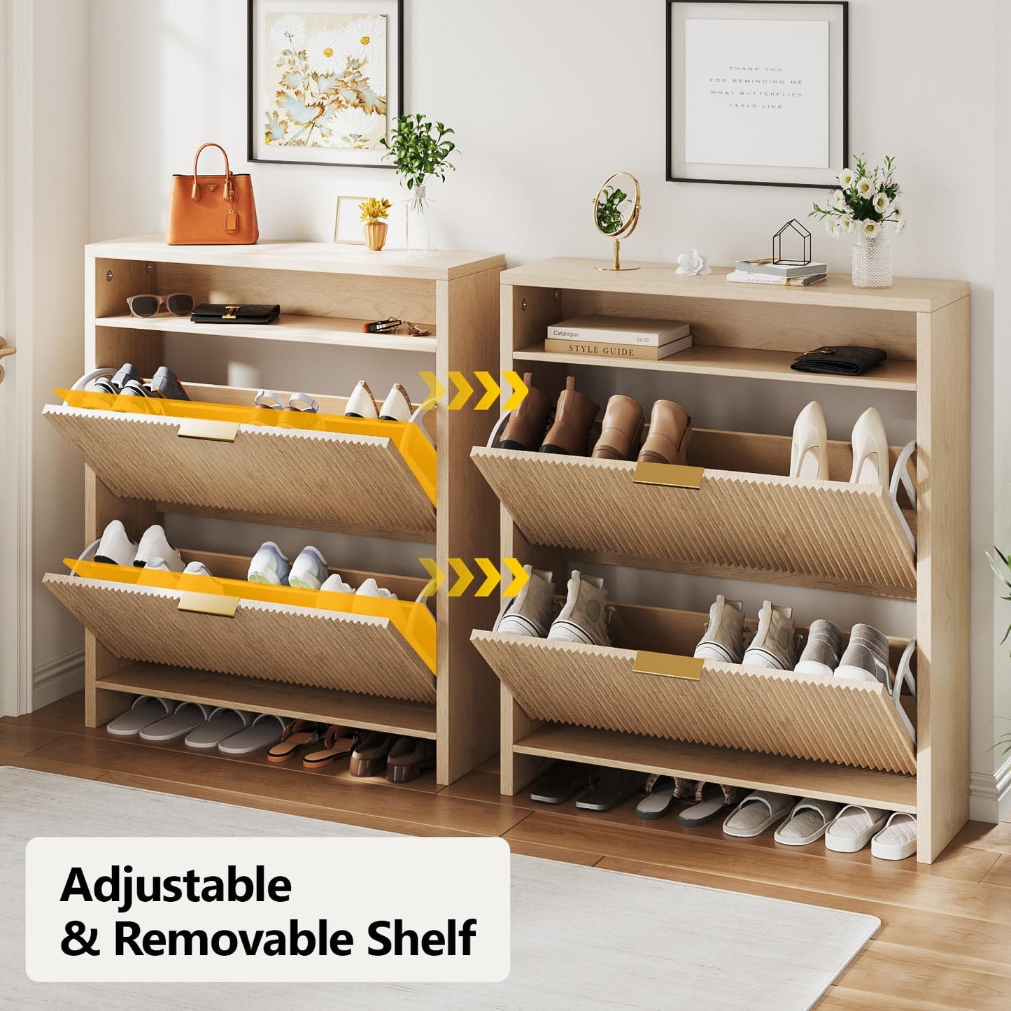 Angel Sar 31.5" Fluted Shoe Cabinet Storage for Entryway, Narrow Shoe Organizer with 2 Flip Drawers Open Compartment & Gold Handles, Freestanding Entryway Cabinet for Hallway, Living Room