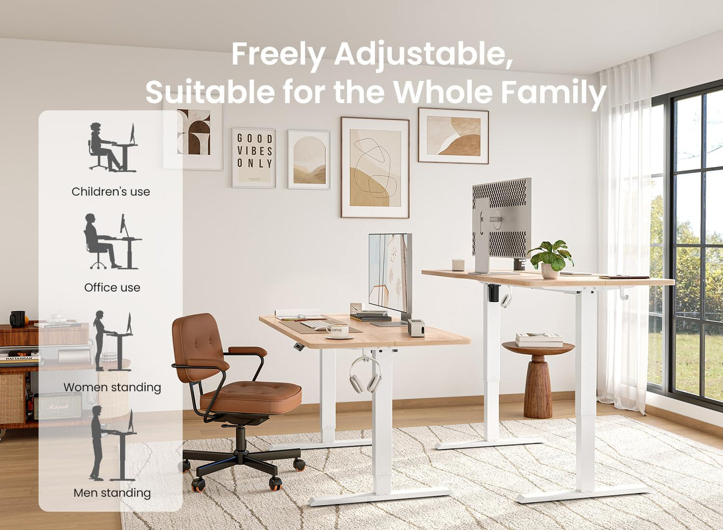 BANTI 55 × 24 Inches Standing Desk, Ergonomic, Electric Height Adjustable, Sit and Stand Up, Computer Office Desk with Splice Board, White Frame/Maple Top