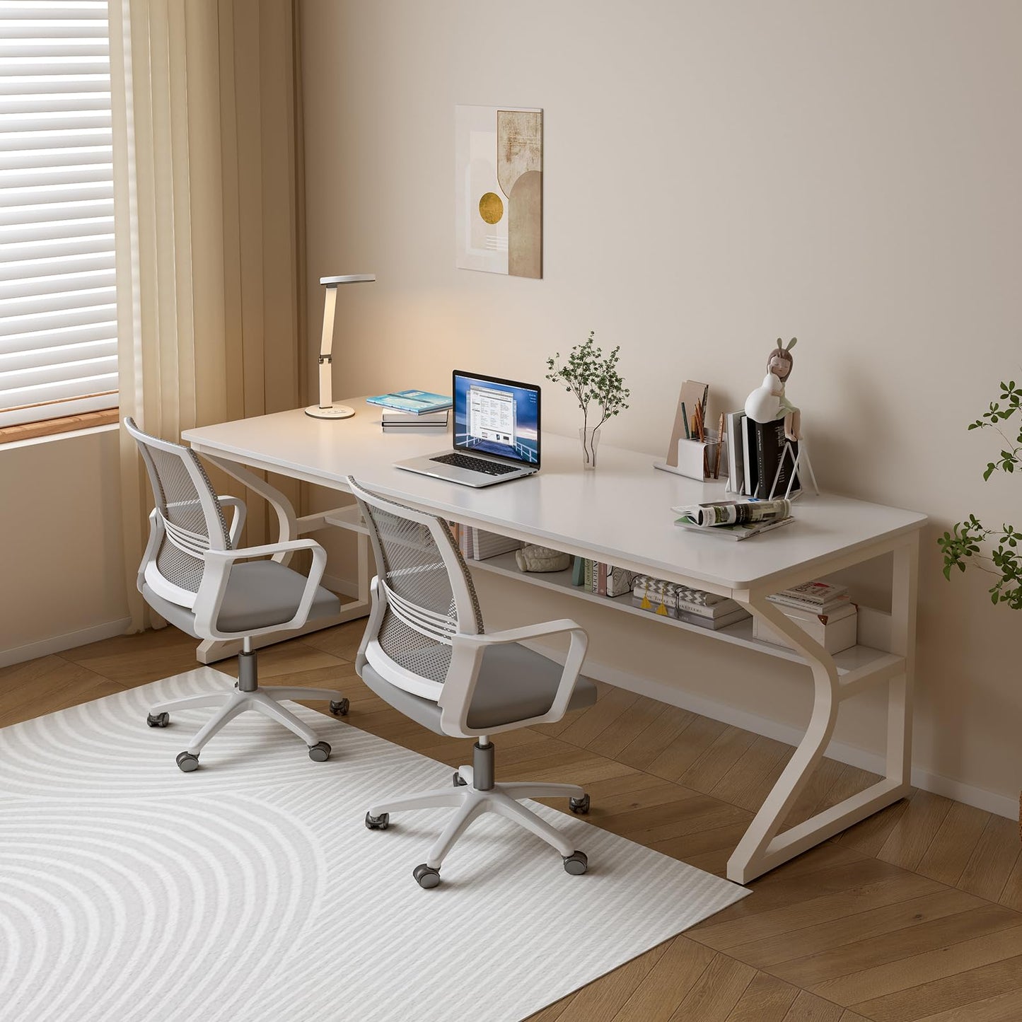 OSCHF Extra Long Desk with Bookshelf - 71" Double Long Writing Table for 2-Person Workstation, Modern Study Work Computer Desk for Home and Office, Warm White