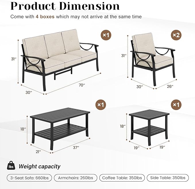 FansaFurn 5-Pieces Outdoor Patio Furniture Set, Outdoor Metal Sectional Furniture with Cushions, Outdoor Conversation Seating Set with Coffee Table for Garden, Balcony, Deck, Backyard, Black