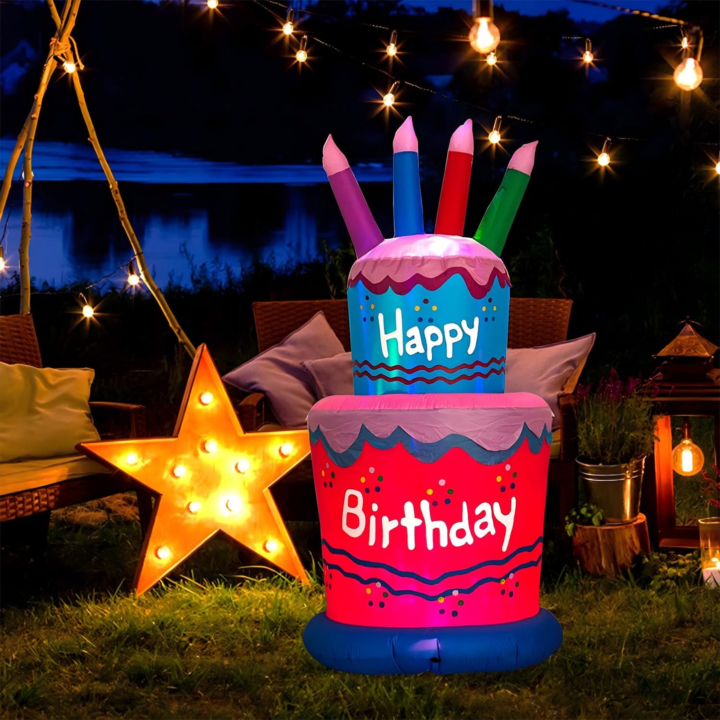 6FT Inflatable Birthday Cake Decoration,Birthday Blow up Cake Outdoor Decor with LED Lights，Light-up Happy Birthday Sign for Yard Lawn, Inflatable Outdoor Holiday Yard Decoration(Blue & Pink)