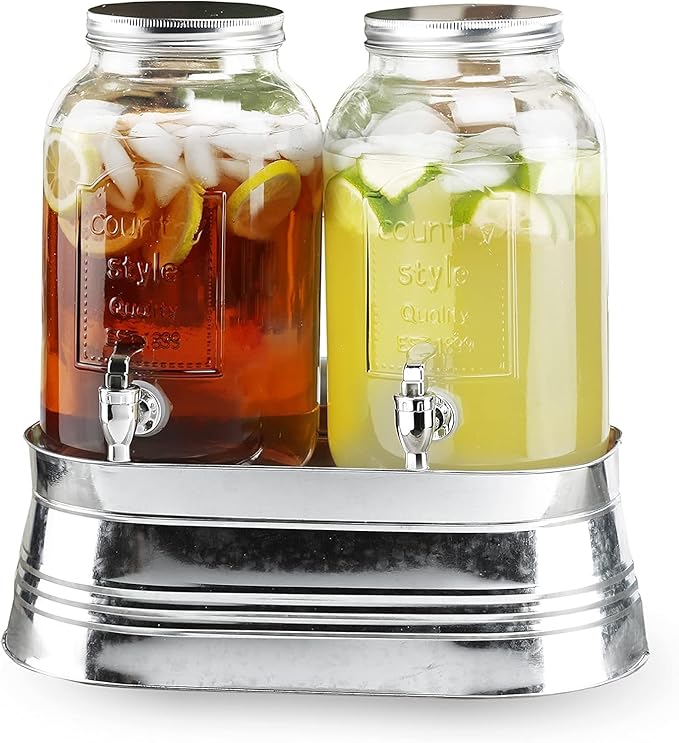 Style Setter Classic Farmhouse Beverage Dispenser Set of 2 Cold Drink Dispenser w/ 1-Gallon Capacity each Glass Jug, Metal...