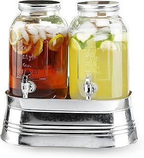 Style Setter Classic Farmhouse Beverage Dispenser Set of 2 Cold Drink Dispenser w/ 1-Gallon Capacity each Glass Jug, Metal...