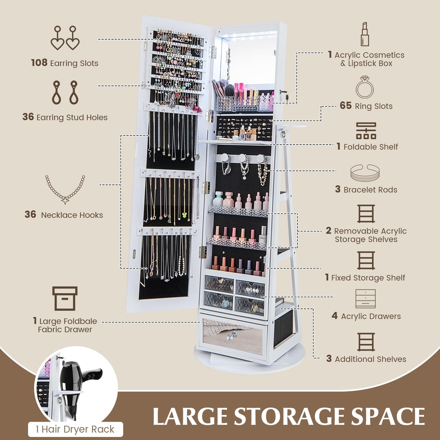HAPPYGRILL Jewelry Armoire with Full Length Mirror, 360° Lockable Jewelry Organizer W/ 6 LEDs, Rear Storage Shelves, Large Bottom Drawer & Hairdryer Holder, Standing Jewelry Cabinet for Women, White