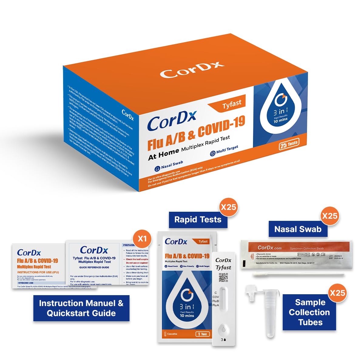 CorDx Tyfast At Home Flu A/B and COVID 19 Multiplex Rapid Test, Easy Nasal Swab, Fast Results in 10 Minutes, 25 Tests