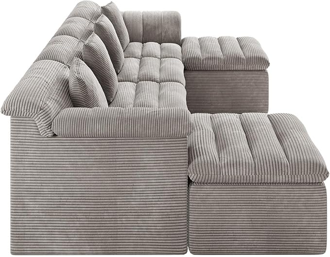 SUNG7 142" Modular Sofa with Ottoman, Boneless Cloud Couch with Deep Seat, Comfy U-Shape Corduroy Couches for Living Room, No Assembly Required, Light Gray