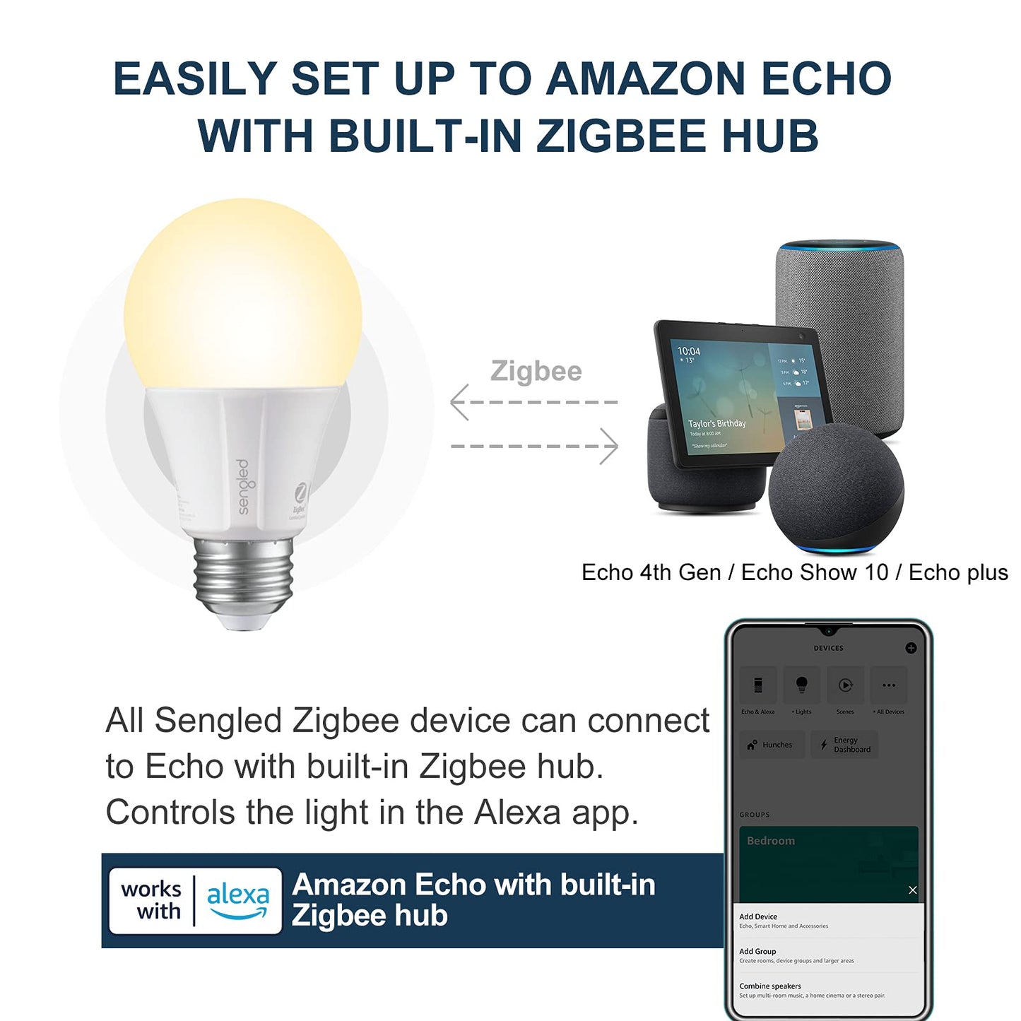 Sengled Zigbee Smart Light Bulbs, Smart Hub Required, Works with SmartThings and Echo with built-in Hub, Voice Control with Alexa and Google Home, Soft White 60W Eqv. A19 Alexa Light Bulb, 8 Pack