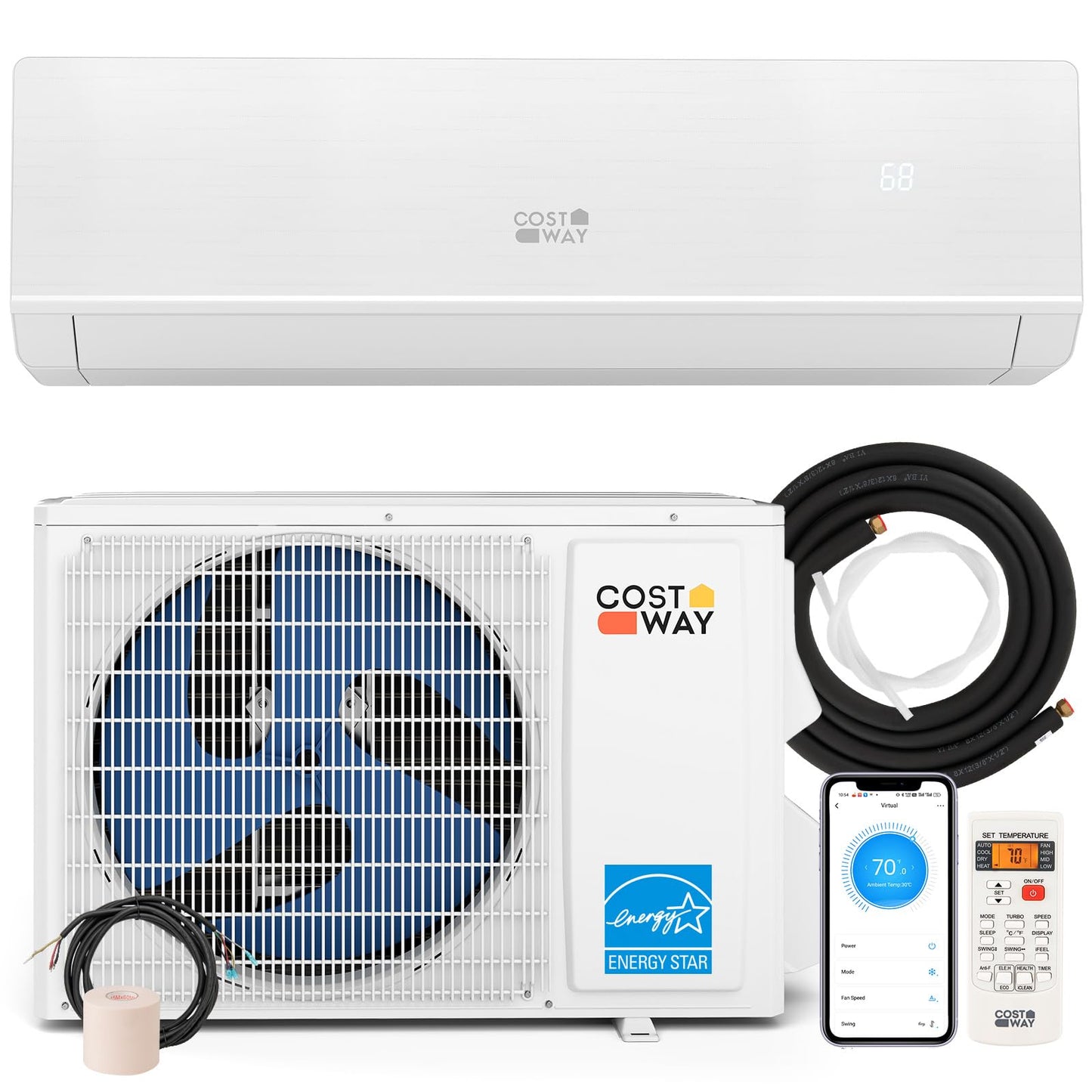 COSTWAY 12000 BTU Mini Split Air Conditioner & Heater, 208-230V WiFi Enabled 24 SEER2 Ductless Inverter AC Unit, Works w/Alexa,