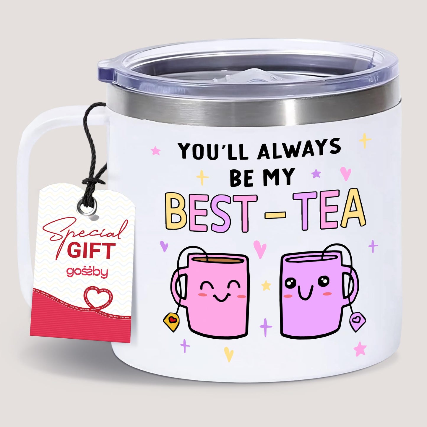 Gossby Bestie Gift for Women - 14oz BEST-TEA Insulated Tumbler Mug - Friend Tumbler Mug for Woman - Christmas, Birthday, Friendship Gift for Best Friend - Bestie Cup with Lid, Straw