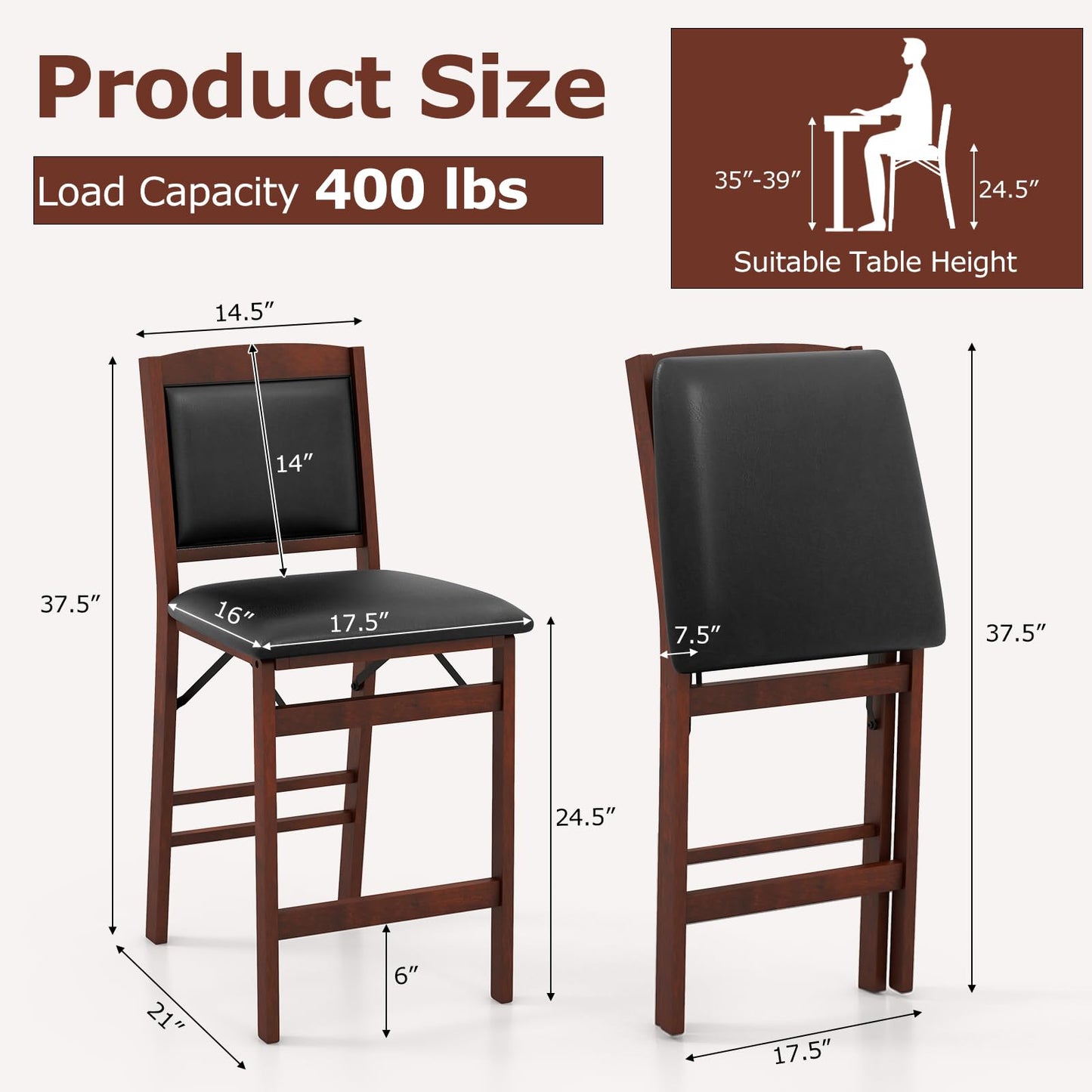 Giantex Folding Counter Height Bar Stools Set of 2, 24.5" Farmhouse Barstools w/Padded Back & Seat, Footrest, Rubber Wood Legs, No Assembly Needed, Upholstered Bar Dining Chairs for Kitchen Island
