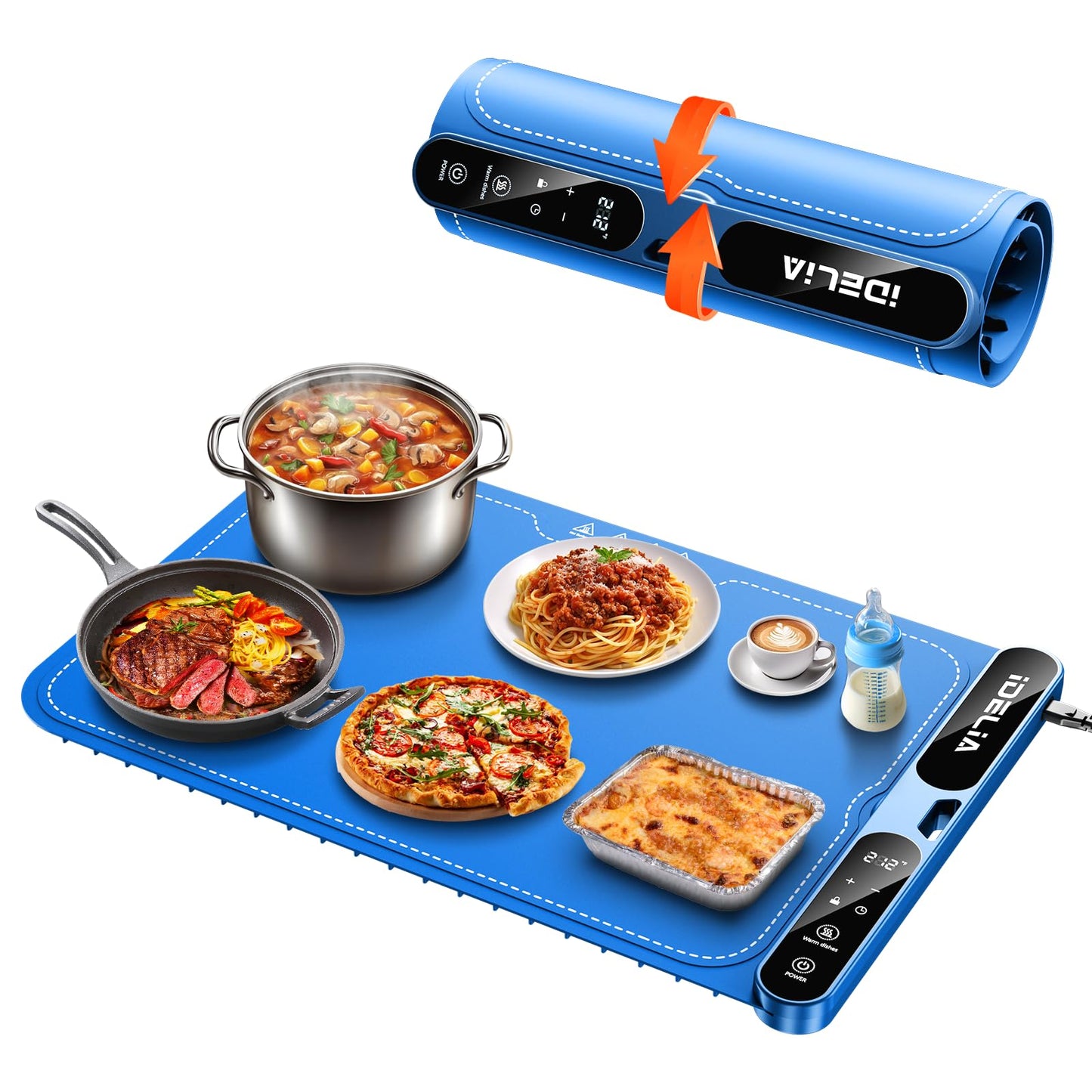 Food Warming Mat Electric Heating - Portable Silicone Warming Tray with 7 Temperature Settings and 8 Hours Timer for Party Buffet Home Travel Kitchen (23.6"x15",Blue)