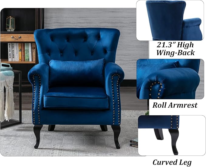 DM Furniture Mid-Century Accent Chair Modern Button Tufted Armchair Wingback Club Chair Velvet Single Sofa Lounge Chair with Pillow for Living Room Bedroom, Blue