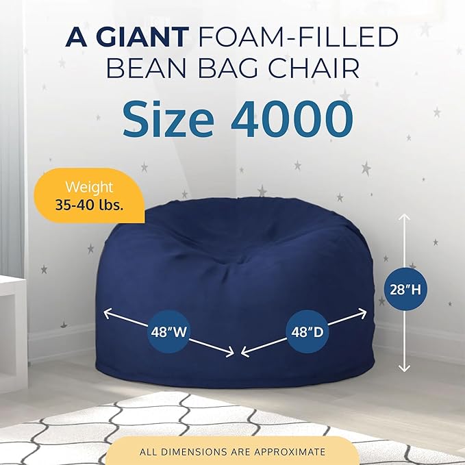 ULTIMATE SACK 4000 4-Foot Bean Bag Chair, Electric Blue Suede Cover – Oversized Foam Lounger, Floor Seat, Small Sofa, or Couch Bed for Living Area, Gaming Room, or Reading Lounge