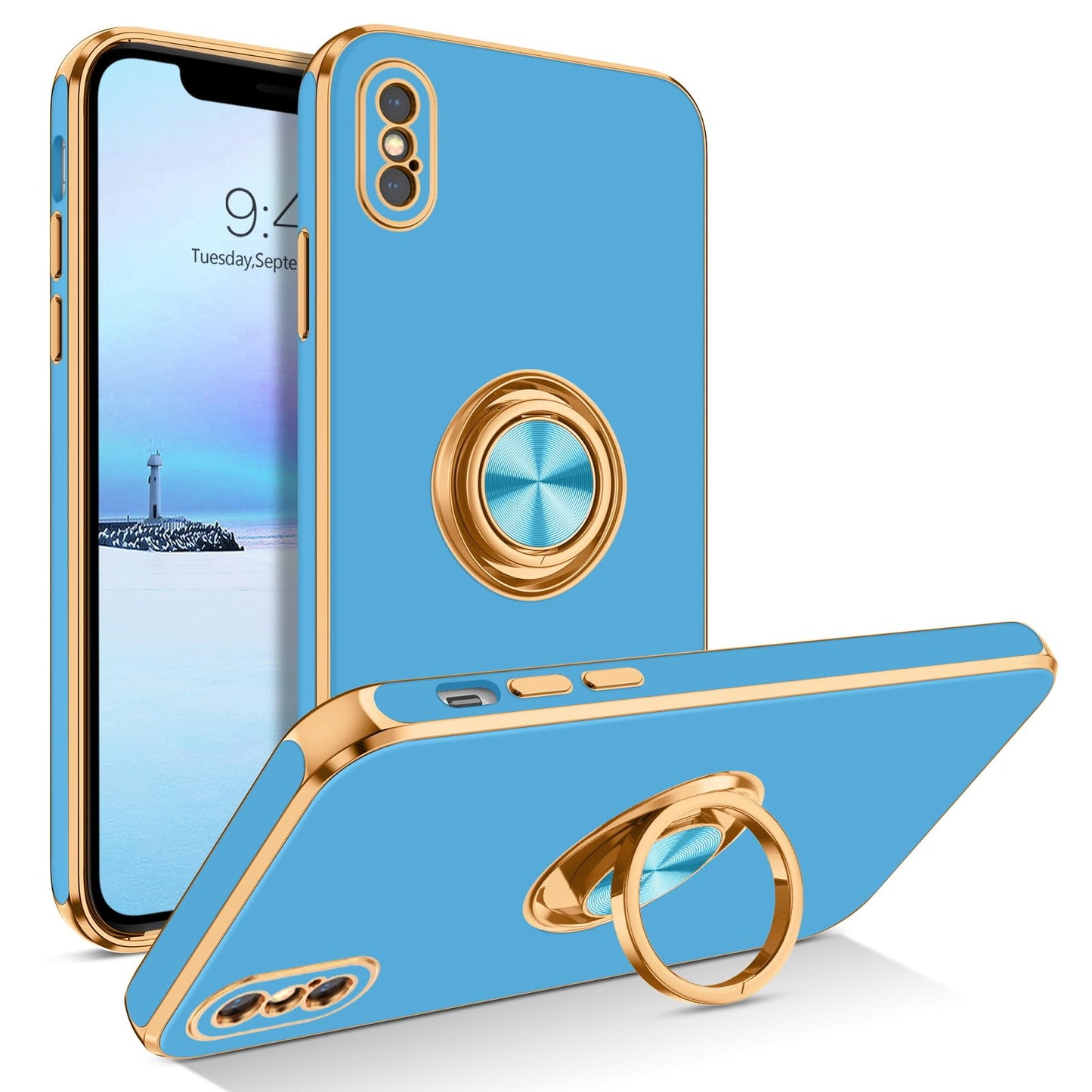 Bentoben For Iphone Xs Case, Phone Case Iphone X, Slim Fit Sparkly Kickstand Ring Holder Design Shockproof Protection Soft Tpu B