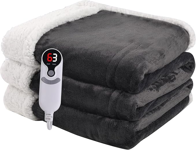 Heated Blanket Electric Throw Size 50''x60'' with 9 Heating Levels, 3 Hour Auto Shut Off, Machine Washable, Flannel & Sherpa Double-Sided Soft Warming Blanket for Couch, Bed, Office - Dark Grey