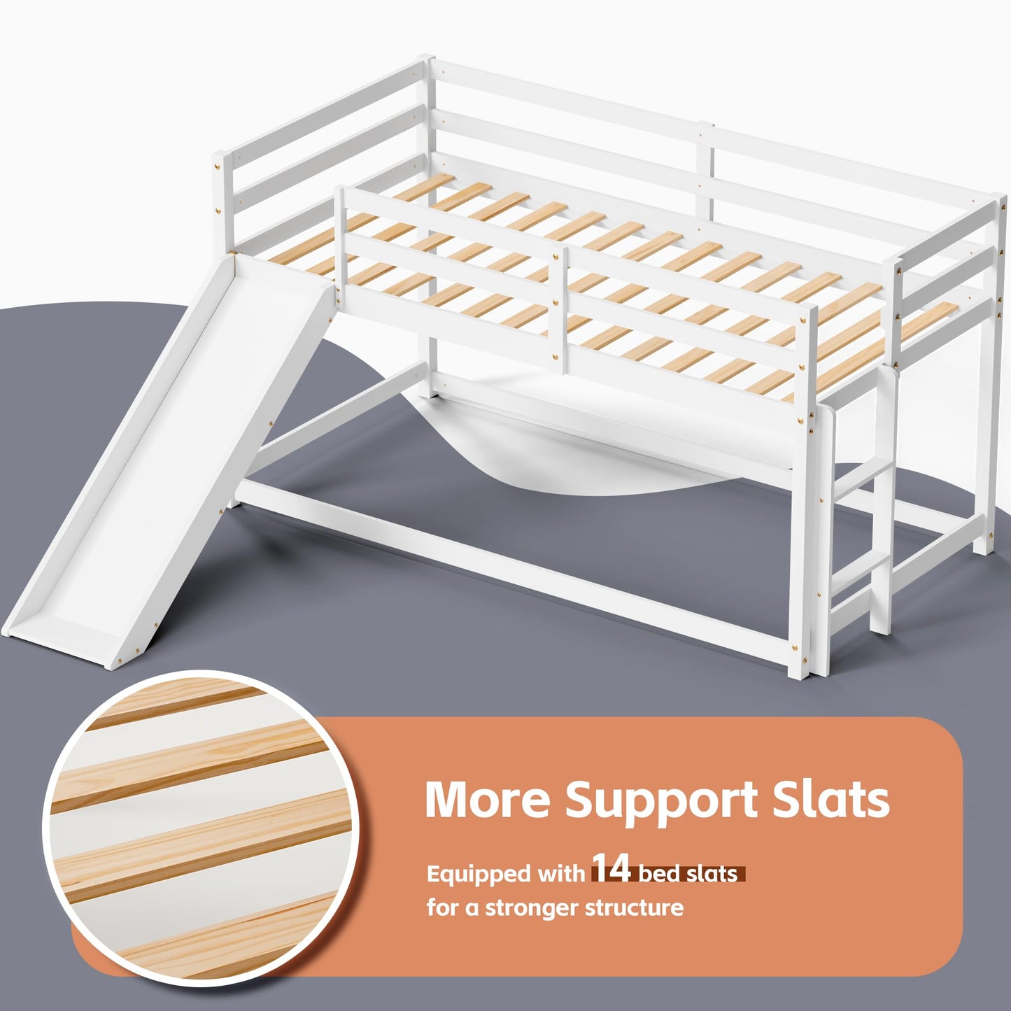 OLEAD Low Bunk Bed with Slide, Floor Loft Bed with Climbing Ladder, Wood Twin Bunk Bed Frame with Full Guardrails & Storage Space for Kids Toddler