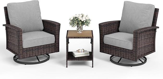 SUNSHINE VALLEY Patio Wicker Swivel Chairs Set of 2, Outdoor High Back Chairs with 5.5" Waterproof Cushions and Side Table, Outdoor Furniture Set for Deck Porch and Yard, Peacock Blue