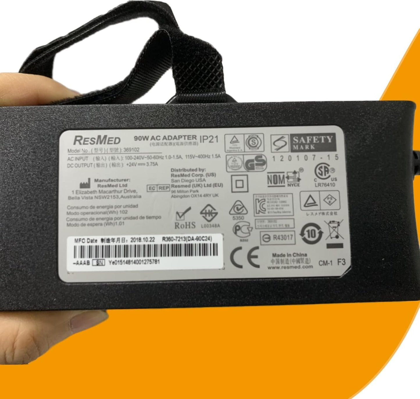 AC DC Adapter 24V 3.75A 90W Compatible with ResMed S9 Series Model 369102 IP21 DA90C24 R360-7213 CPAP Machine IP-21 DA-90C24 R3607213 Supply