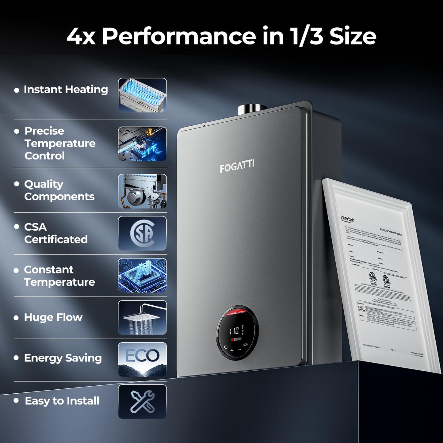 FOGATTI Natural Gas Tankless Water Heater Indoor - Max 7.5 GPM 170,000 BTU, CSA Certified Compact Design On Demand Instant Hot Water Heater - Instagas Comfort 170S Series