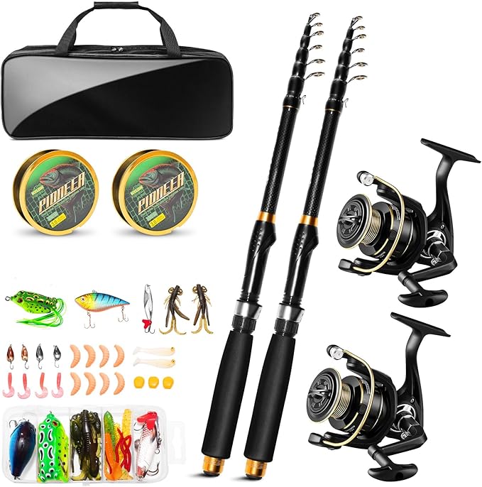 Telescopic Fishing Rod and Reel Combo Kit, 2PACK 6.9FT Carbon Fiber Collapsible Rods, Spinning Reels, Lures and Carrier Ba...