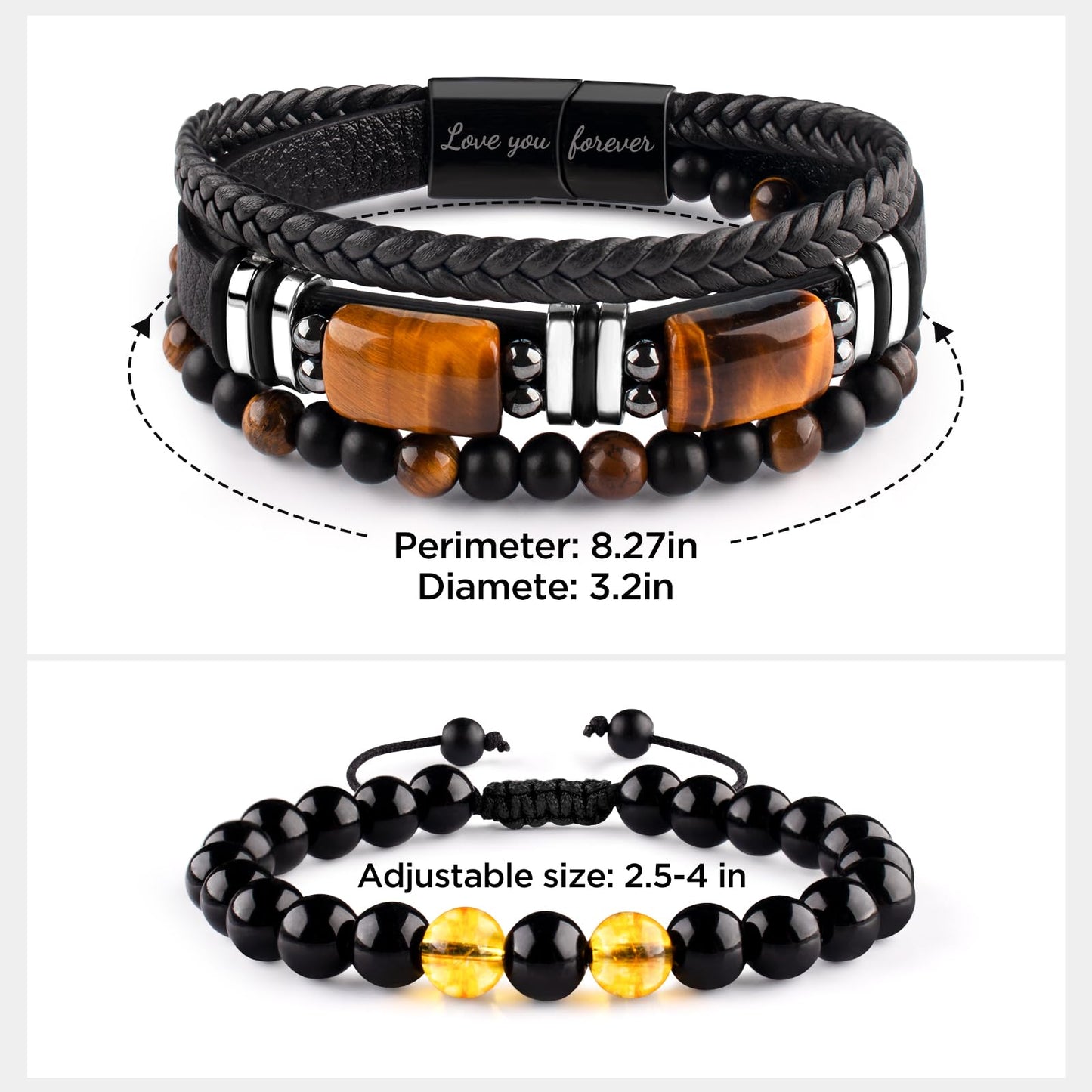 Leather Bracelets for Men Natural Tiger Eye Black Obsidian Healing Crystal Beaded Bracelets Set Birthday Christmas Commemorative gifts for Dad Son Grandson Man Boyfriend Brother (Black-To My Son)