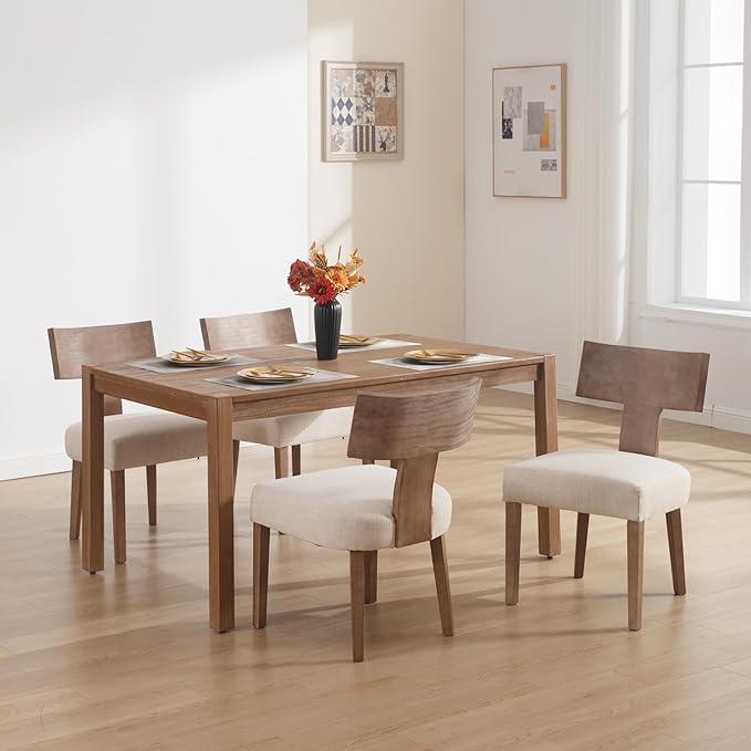 DM Furniture Linen Dining Chairs Set of 2 with Natural Wood Legs, Farmhouse Upholstered Side Chair with Curved Backrest for Living Room/Restaurant, Beige