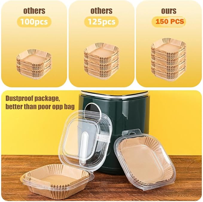 7.5 Inch Air Fryer Parchment Paper Liners Square,150 Pcs Non-stick &Oil-proof Air Fryer Liners Disposable for 2-5 QT Frying,Baking,Roast