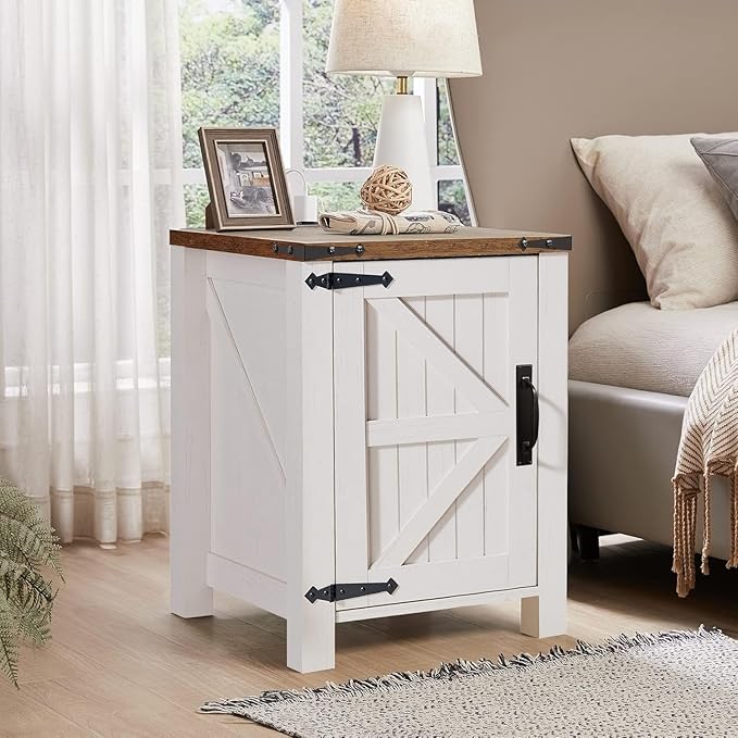 OKD Farmhouse Nightstand Set of 2 with Charging Station, 18 Inch Rustic End Table with Barn Door Cabinet, Adjustable Storage Shelf, Wood Sofa Side Table for Living Room, Bedroom, Antique White