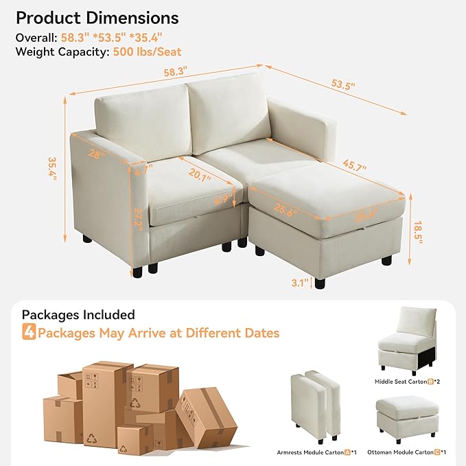 WUTUTUEE 58”Modular Sectional Loveseat Sofa with Storage, Comfy Office L Shaped Sofa Couch, Chenille Love Seat Modular Sectional Couch with Movable Ottoman for Living Room, Bedroom, Beige