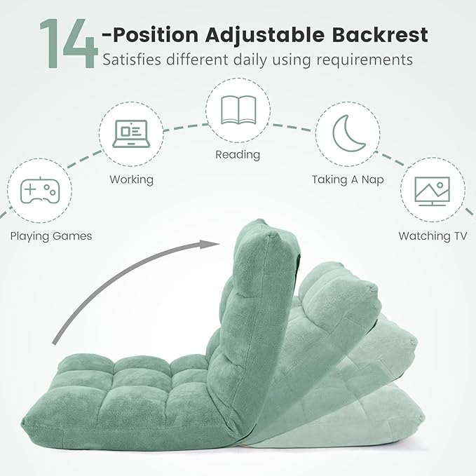 MAT EXPERT 14-Position Floor Chair, Floor Gaming Chair w/Soft Coral Fleece, Alloy Steel Frame, Padded Lazy Couch Recliner, Floor Chair with Back Support for Reading, Meditating (Green)
