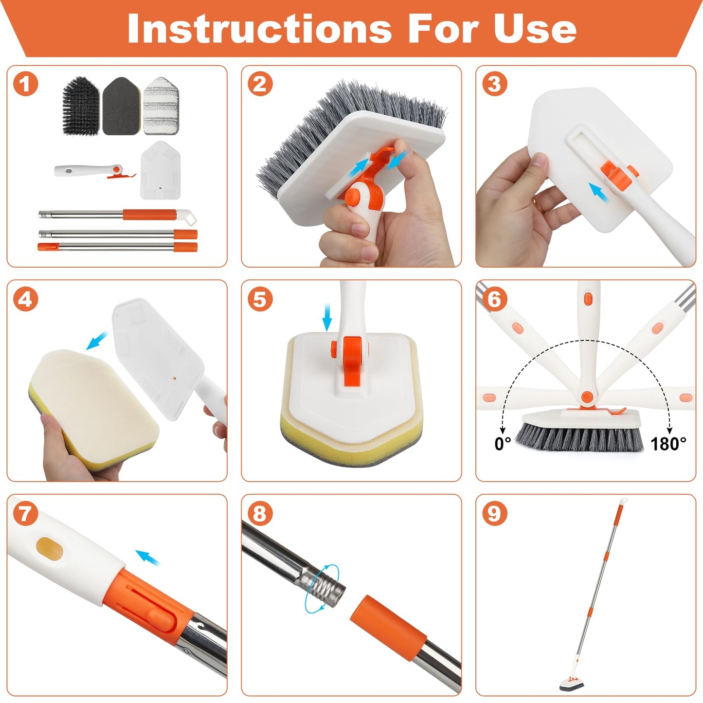 Long Handled Scrub Brush for Shower，3-in-1 Cleaning Brushes with 3 Different Function Cleaning Heads Brush for Shower Cleaning Bathroom Kitchen Walls Tub Tile