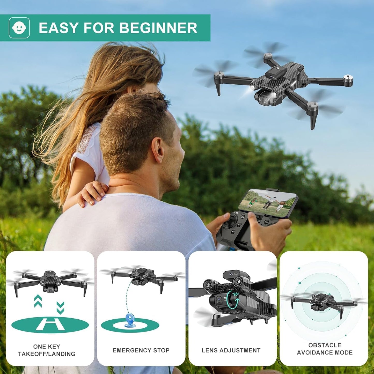 4K Camera Drone for Kids 8-12 & Adults - Beginner-Friendly Mini Drone with Emergency Stop, 360° Flips, Carrying Case & 2 Batteries, Headless Mode,RC Quadcopter Toys for Boys Girls Age 6-14-Charcoal black
