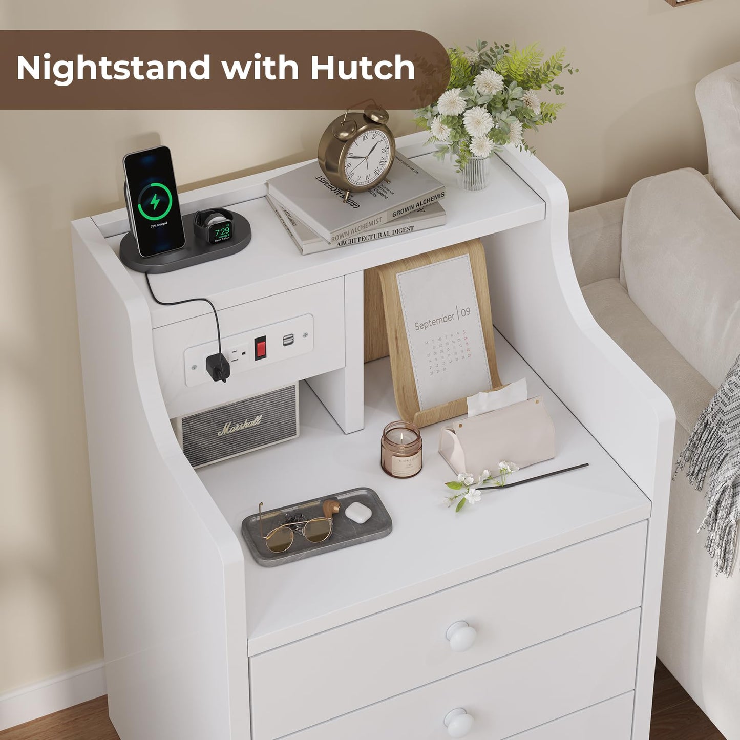 Tiptiper Nightstand with Charging Station, Night Stand with 3 Storage Drawers, Bedside Table with Hutch, Modern End Side Table for Bedroom,White