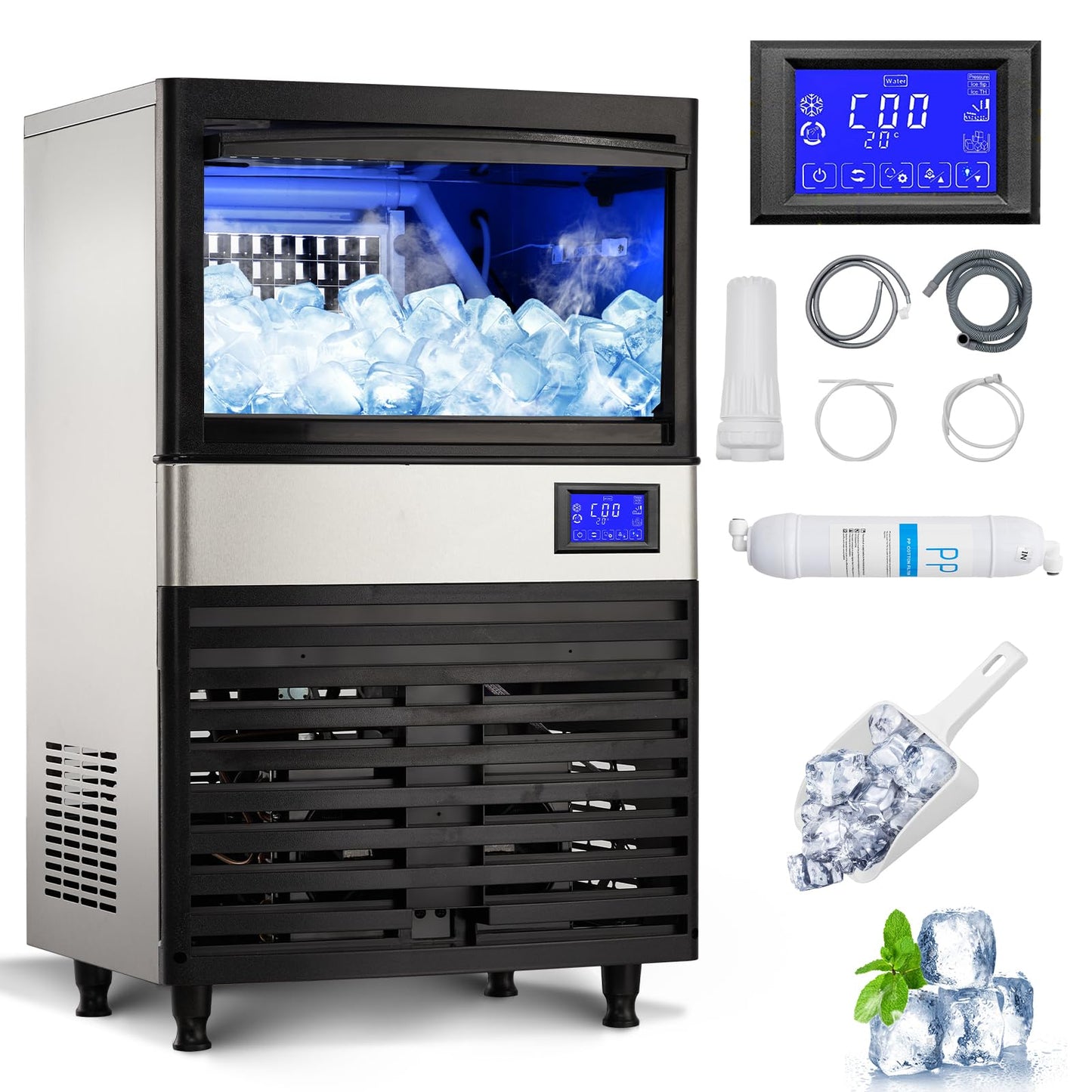 Commercial Ice Maker Machine 110lbs/24h with 27lbs Storage Bin, Stainless Steel Ice Machine with Ice Scoop, Electric Water Drain Pump & Water Filter, Freestanding Ice Machine for Home/Restaurants/Bars