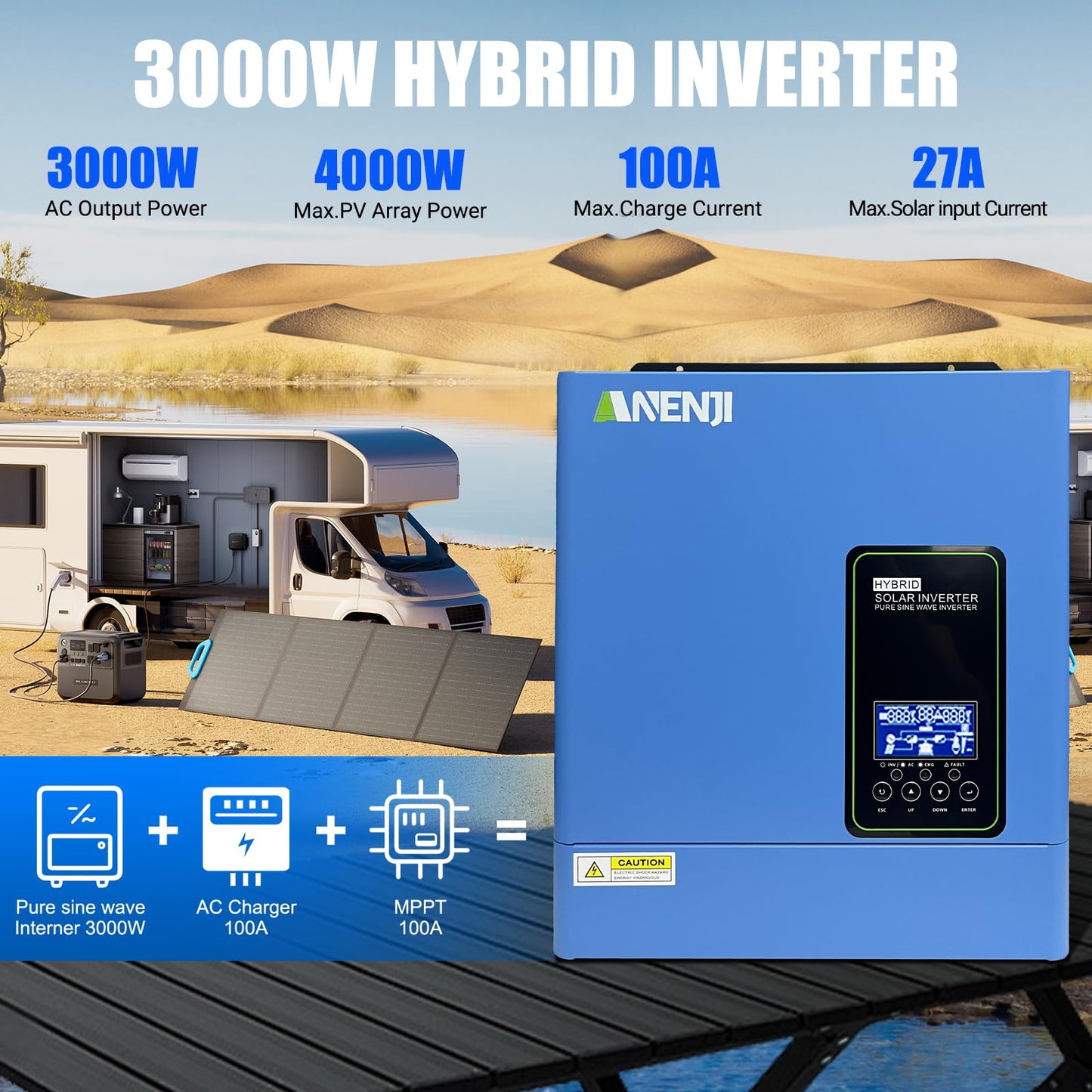Hybrid Solar Inverter 3000W, 24Vdc to110Vac Off-Grid Inverter,100A MPPT Controller,Support Battery-Less or AGM Lithium Battery, Pure Sine Wave for Home Backup,Solar Systems
