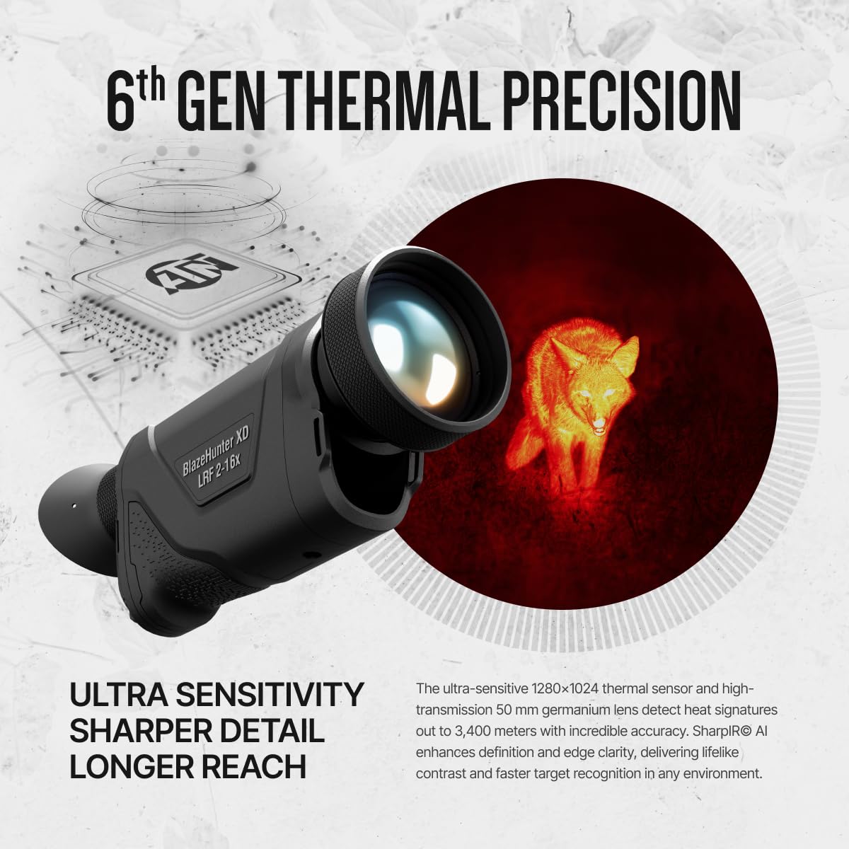 ATN BlazeHunter XD 1280x1024 Thermal Monocular 2–16x, 1280×1024 Sensor w/SharpIR AI, 1000m Laser Rangefinder, 1920x1080 OLED, Wi-Fi, 32GB, IP67