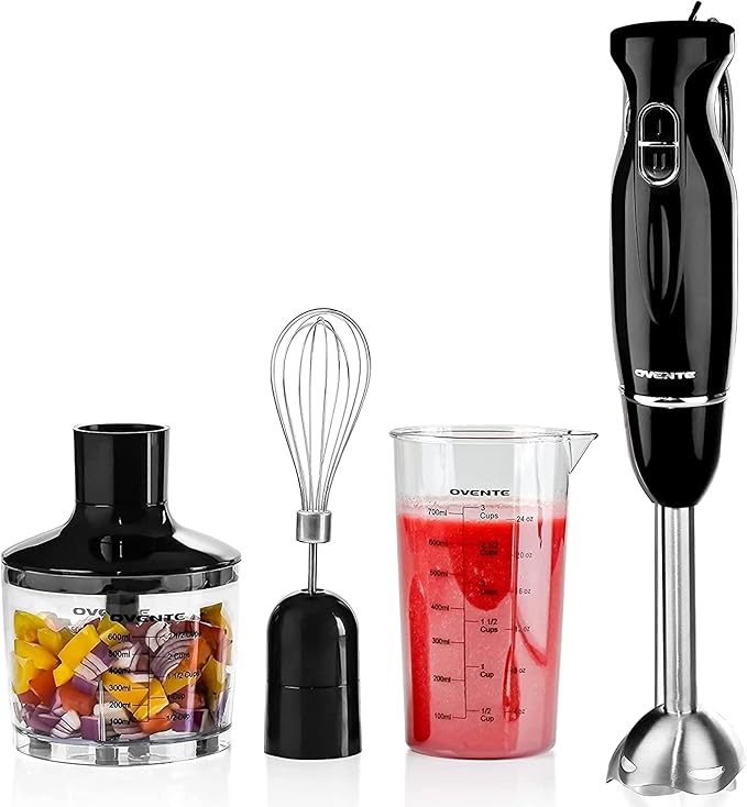 OVENTE Immersion Hand Blender Set, 300W Corded Electric Handheld Stick Mixer, 2 Mixing Speeds with Stainless Steel Blades, Egg Whisk, Beaker & BPA-Free Food Chopper, Black HS565B