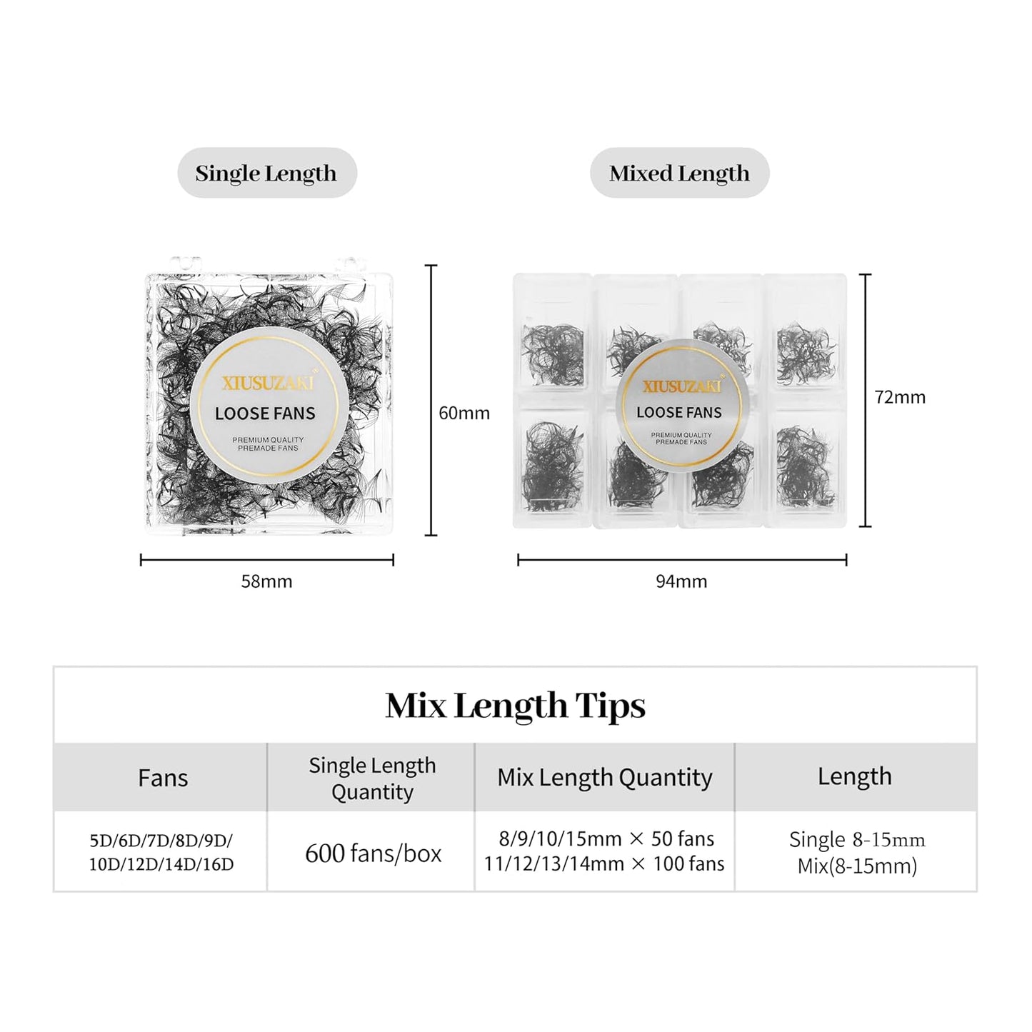 Premade Fans Eyelash Extensions - 600 Fans, 16D Volume, 0.03mm Thickness, C Curl, Fluffy Soft Mix (8-15mm)